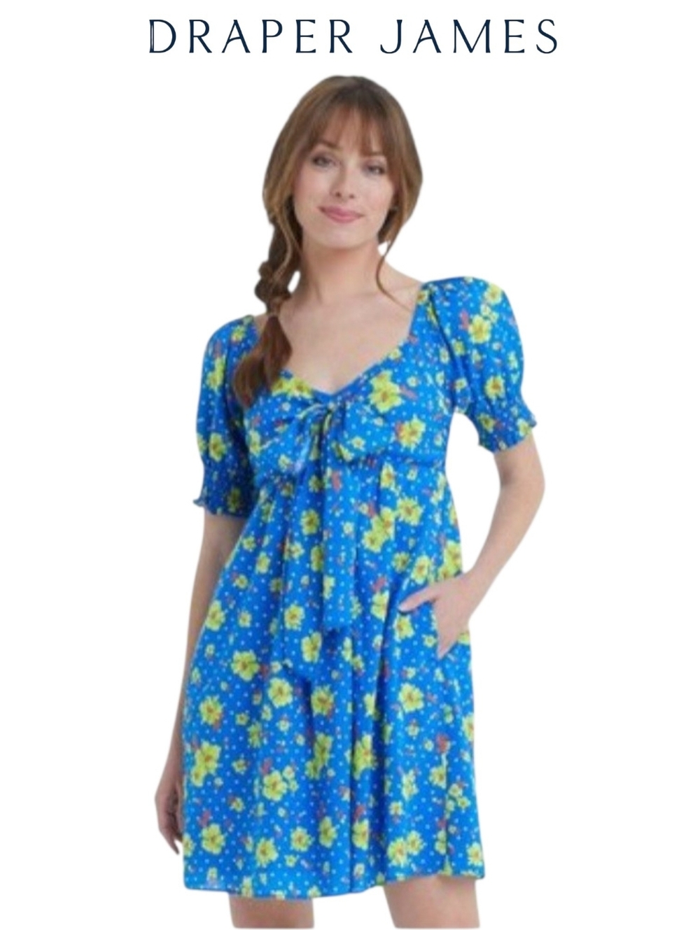 Draper James Jennifer Blue Polka Dot Floral Mini Dress XS Smocked Sweetheart